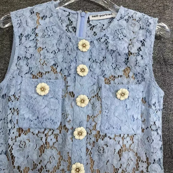 Self-Portrait Blue Fine Lace Mini Dress - Picture 8 of 11